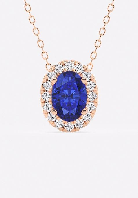 7.9x5.53 mm Oval Created Sapphire and 1/5 ctw Round Lab Grown Diamond Halo Pendant with Adjustable Chain