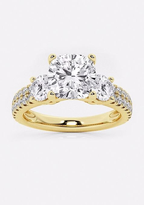 3 ctw Cushion Lab Grown Diamond Engagement Ring with Double Row Side Accents