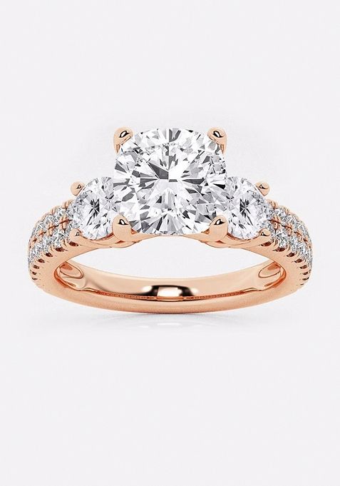 3 ctw Cushion Lab Grown Diamond Engagement Ring with Double Row Side Accents