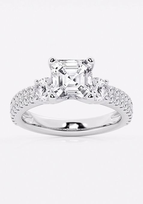 3 1/2 ctw Asscher Lab Grown Diamond Engagement Ring with Double Row Side Accents