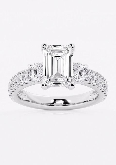 4 ctw Emerald Lab Grown Diamond Engagement Ring with Double Row Side Accents