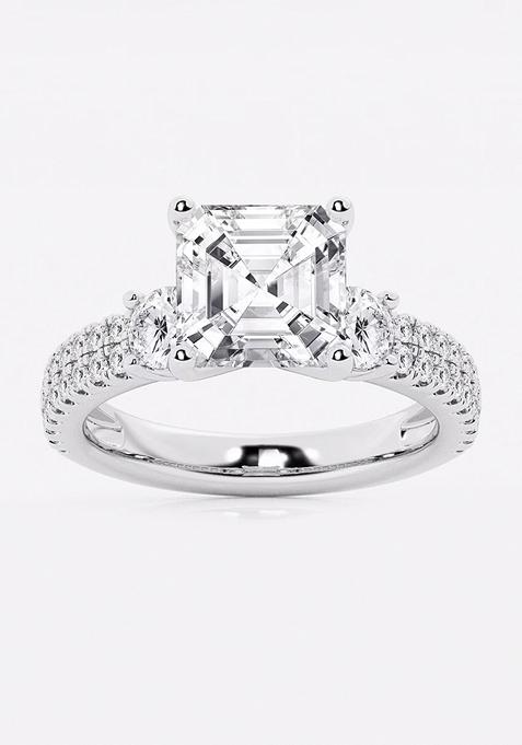 4 1/2 ctw Asscher Lab Grown Diamond Engagement Ring with Double Row Side Accents