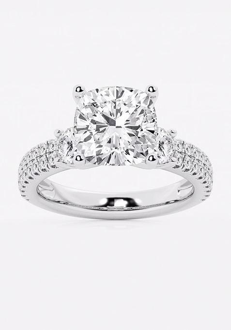 5 ctw Cushion Lab Grown Diamond Engagement Ring with Double Row Side Accents