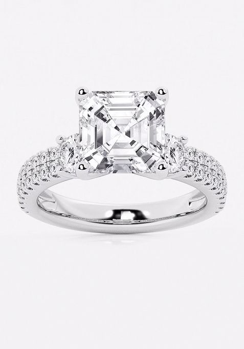 5 ctw Asscher Lab Grown Diamond Engagement Ring with Double Row Side Accents