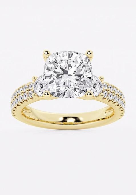 5 ctw Cushion Lab Grown Diamond Engagement Ring with Double Row Side Accents