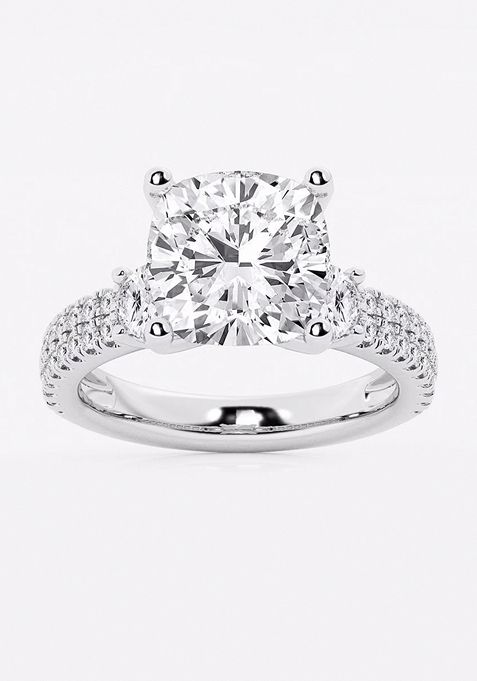 6 ctw Cushion Lab Grown Diamond Engagement Ring with Double Row Side Accents