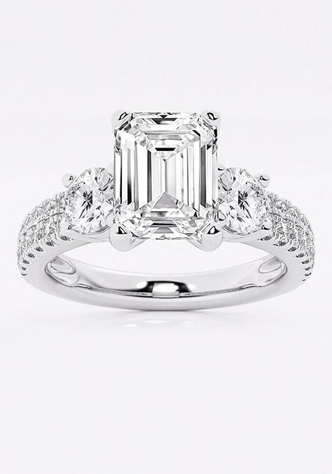 1 1/2 ctw Emerald Lab Grown Diamond Engagement Ring with Double Row Side Accents