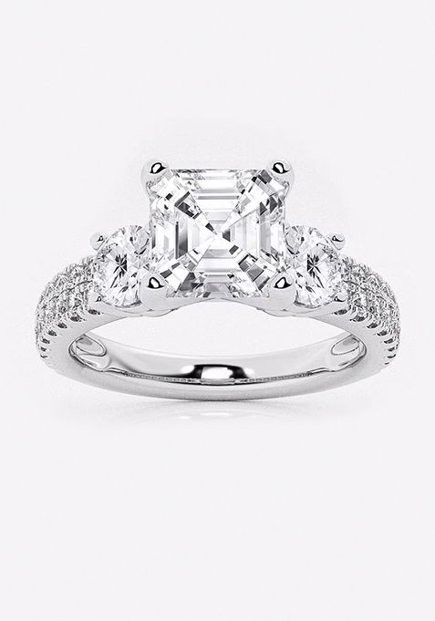 3 ctw Asscher Lab Grown Diamond Engagement Ring with Double Row Side Accents