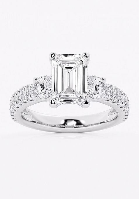 4 ctw Emerald Lab Grown Diamond Engagement Ring with Double Row Side Accents