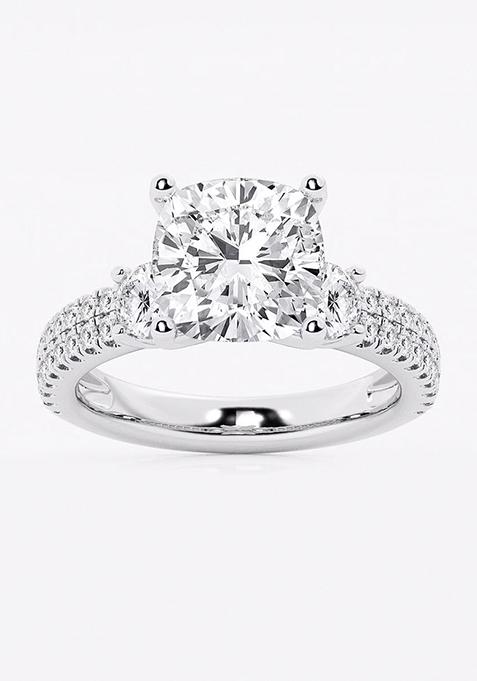 5 ctw Cushion Lab Grown Diamond Engagement Ring with Double Row Side Accents