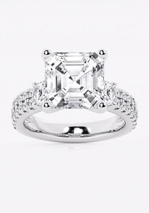 7 ctw Asscher Lab Grown Diamond Engagement Ring with Double Row Side Accents