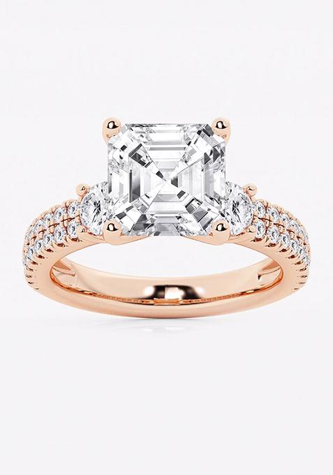 5 ctw Asscher Lab Grown Diamond Engagement Ring with Double Row Side Accent