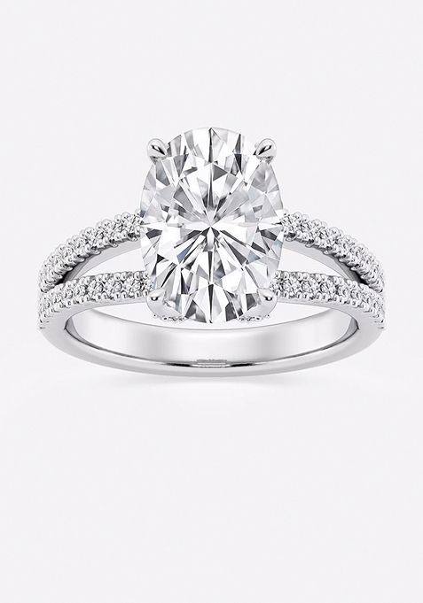 Near Colorless 4 2/5 ctw Emerald Lab Grown Diamond Split Shank Draped Hidden Halo Engagement Ring