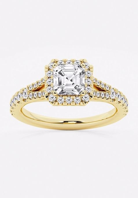 1 1/2 ctw Asscher Lab Grown Diamond Split Shank Halo Engagement Ring