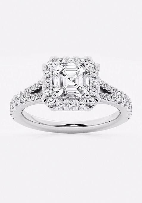 2 ctw Asscher Lab Grown Diamond Split Shank Halo Engagement Ring