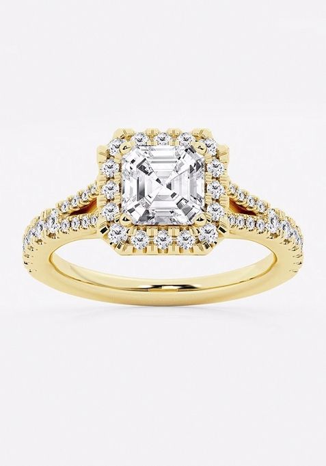 2 ctw Asscher Lab Grown Diamond Split Shank Halo Engagement Ring