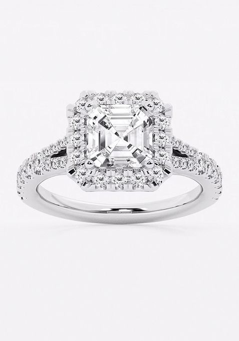 3 1/5  ctw Asscher Lab Grown Diamond Split Shank Halo Engagement Ring