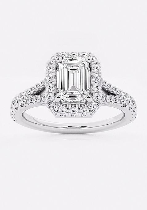 1 1/2 ctw Emerald Lab Grown Diamond Split Shank Halo Engagement Ring