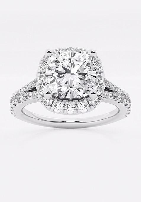 2 ctw Cushion Lab Grown Diamond Split Shank Halo Engagement Ring