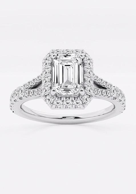 1 1/5 ctw Emerald Lab Grown Diamond Split Shank Halo Engagement Ring