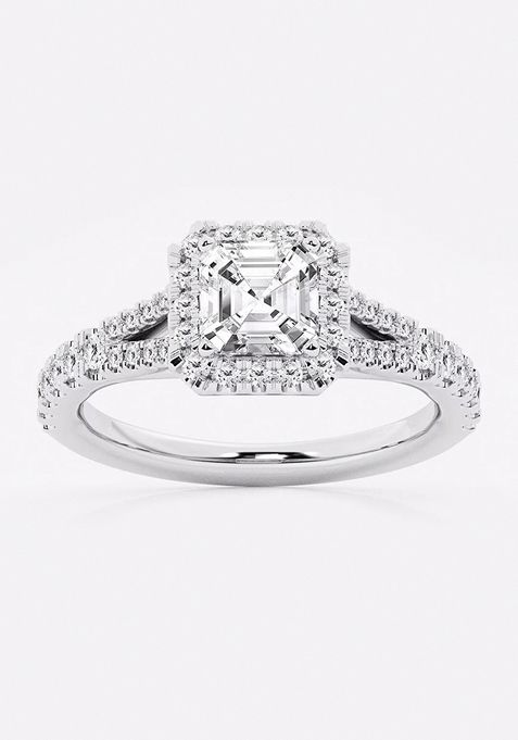 1 1/2 ctw Asscher Lab Grown Diamond Split Shank Halo Engagement Ring