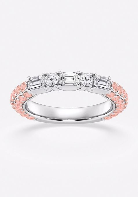 5/8 ctw Emerald & Round Lab Grown Diamond Rollover Fashion Band with 1.8 mm Pink Sapphire Side Stones