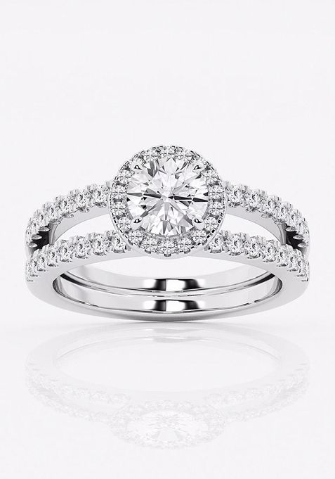 1 1/2 ctw Round Lab Grown Diamond Double Shank Halo Engagement Ring