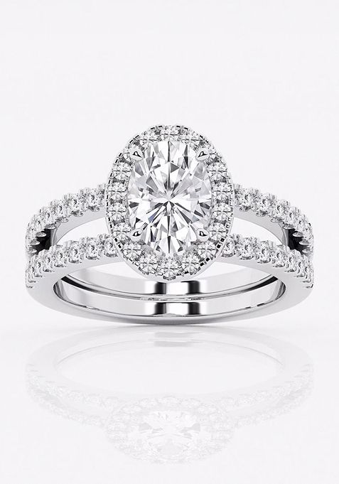 2 1/8 ctw Oval Lab Grown Diamond Double Shank Halo Engagement Ring