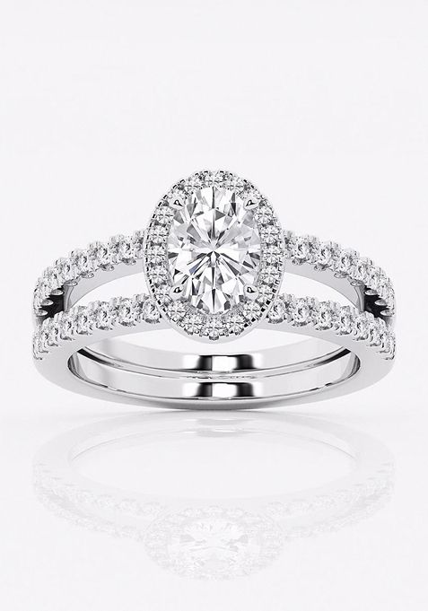 1 1/2 ctw Oval Lab Grown Diamond Double Shank Halo Engagement Ring