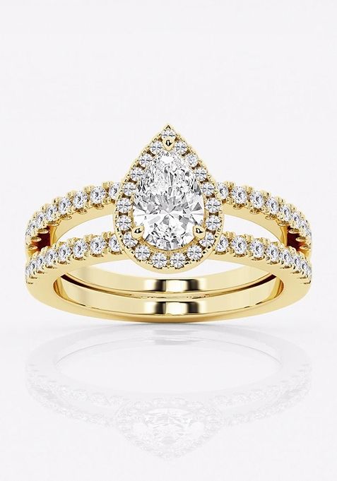 1 1/2 ctw Pear Lab Grown Diamond Double Shank Halo Engagement Ring