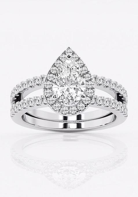 2 1/8 ctw Pear Lab Grown Diamond Double Shank Halo Engagement Ring