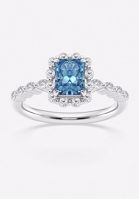 1 1/2 ctw Radiant Fancy Blue Lab Grown Diamond Floating Diamond Halo Engagement Ring