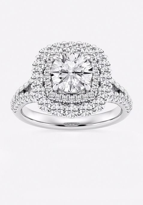 2 3/4 ctw Round Lab Grown Diamond Split Shank Double Square Halo Engagement Ring