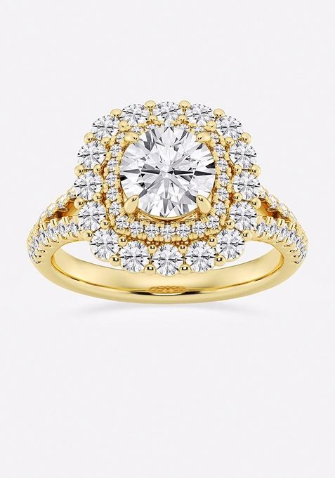 2 3/4 ctw Round Lab Grown Diamond Split Shank Double Square Halo Engagement Ring