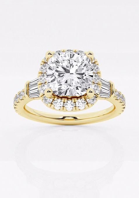 2 1/3 ctw Cushion Lab Grown Diamond Double Baguette Halo Engagement Ring