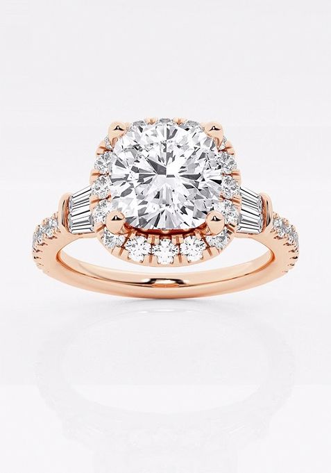 2 1/3 ctw Cushion Lab Grown Diamond Double Baguette Halo Engagement Ring