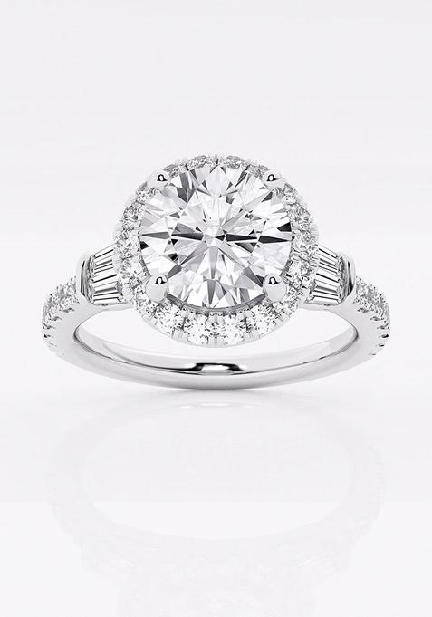 2 7/8 ctw Round Lab Grown Diamond Double Baguette Halo Engagement Ring