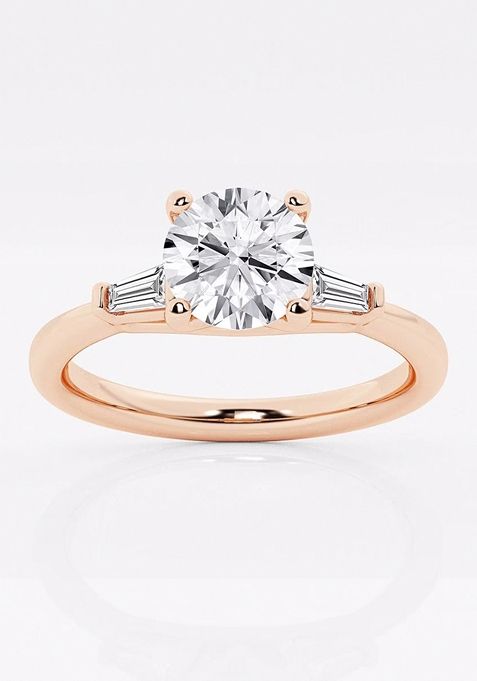 1 1/8 ctw Round Lab Grown Diamond Engagement Ring with Tapered Baguette Side Accents