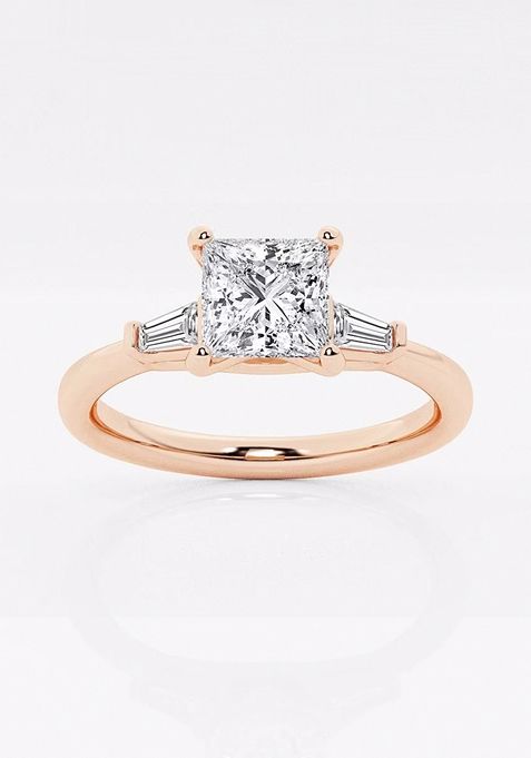 1 1/8 ctw Princess Lab Grown Diamond Engagement Ring with Tapered Baguette Side Accents