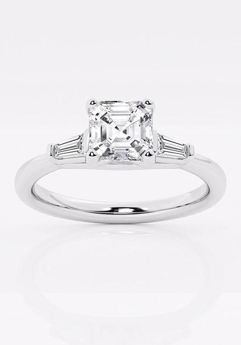 1 1/8 ctw Asscher Lab Grown Diamond Engagement Ring with Tapered Baguette Side Accents