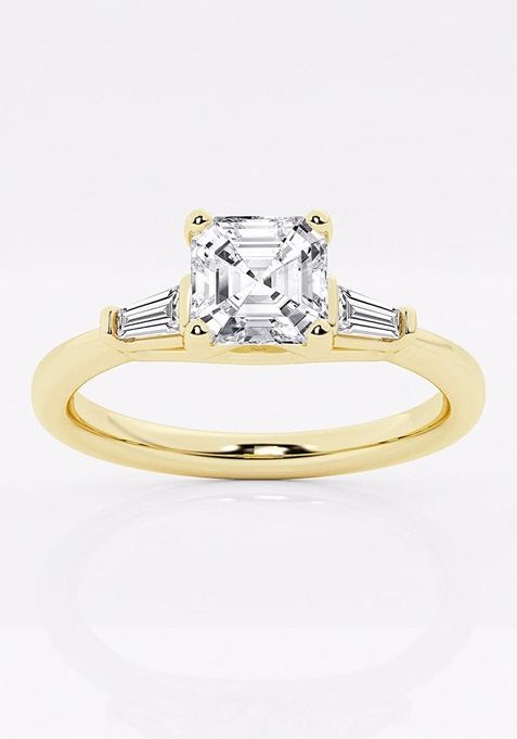 1 1/8 ctw Asscher Lab Grown Diamond Engagement Ring with Tapered Baguette Side Accents