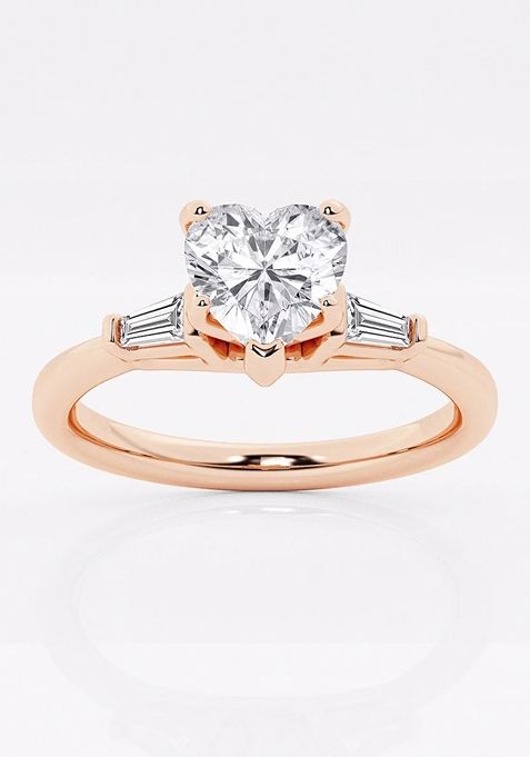 1 1/8 ctw Heart Lab Grown Diamond Engagement Ring with Tapered Baguette Side Accents