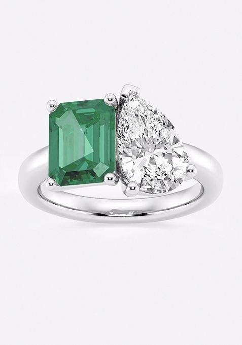 9x7mm Created Emerald and 2 3/8 Pear Cut Lab Grown Diamond Two Stone Engagement Ring