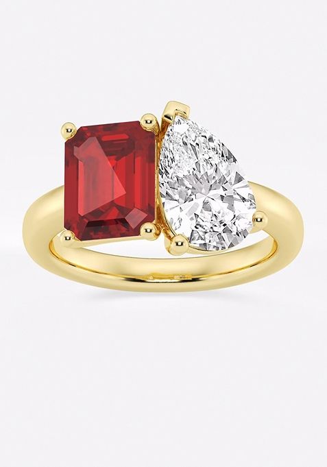 9x7mm Emerald Cut Created Ruby and 2 3/8 ctw Pear Cut Lab Grown Diamond Two Stone Engagement Ring