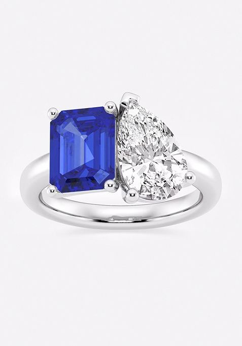 9x7mm Emerald Cut Created Sapphire and 2 3/8 ctw Pear Cut Lab Grown Diamond Two Stone Engagement Ring