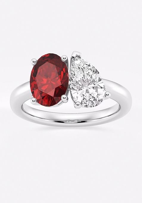 9x7mm Oval Cut Created Ruby and 1 1/2 ctw Pear Cut Lab Grown Diamond Two Stone Engagement Ring