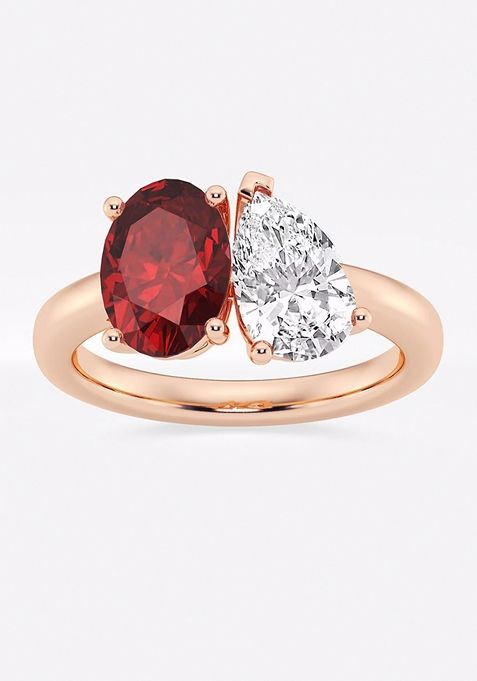 9x7mm Oval Cut Created Ruby and 1 1/2 ctw Pear Cut Lab Grown Diamond Two Stone Engagement Ring