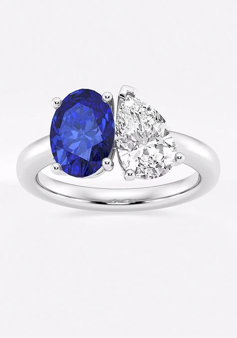 9x7mm Oval Cut Created Sapphire and 1 1/2 ctw Pear Cut Lab Grown Diamond Two Stone Engagement Ring