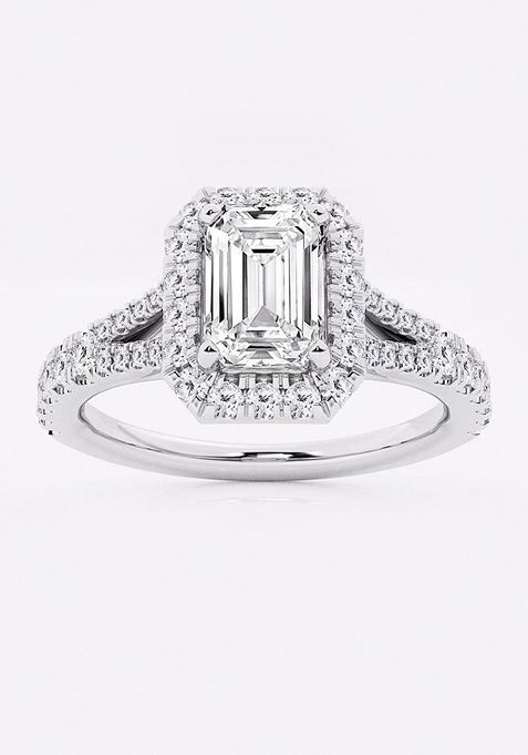 1 1/2 ctw Emerald Lab Grown Diamond Split Shank Halo Engagement Ring