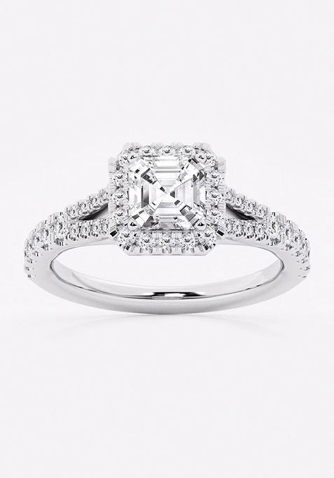 1 1/2 ctw Asscher Lab Grown Diamond Split Shank Halo Engagement Ring